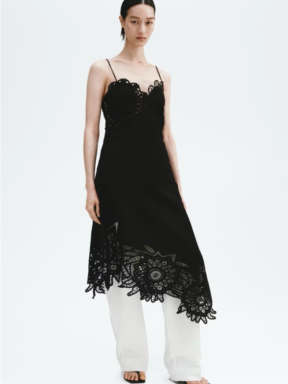 H&M Women Linen Blend Lace Detail Dress Black Midi A Line Open Back NWT (XL)